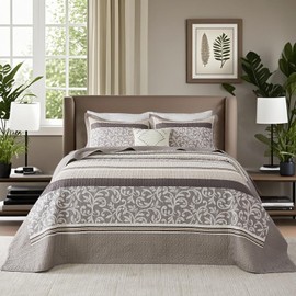 Bedduvit 100% Cotton Oversized King Bedspread - 120"x120" Extra Wide Quilt Set, Farmhouse Lightweight Striped Bed Spread Coverlet, Modern Floral Quilts King Size, 3 Pieces, Brown/Khaki/Gray/Beige