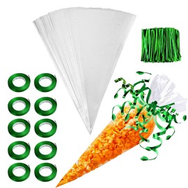 Easter Cellophane Treat Bags,6.3x11.8 Inches Clear Cone Shaped Treat Bags with Green Twist Ties and Curling Ribbon,Plastic Popcorn Cone Bags for Easter,100 set