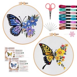 Offizon 2 PCS Embroidery Kit for Beginners - Cross Stitch DIY Craft Set, Embroidery Accessories & Hoop Included, Hand Embroidery Kit for Adults Stitching Sewing Kit Gift | Butterfly Patterns