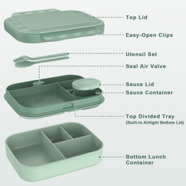 Caperci Stackable Bento Lunch Box for Adult & Teens - Reinforced Leak-Proof Lunch Container 4-Compartment with Utensils & Sauce Container, BPA-Free, Dishwasher/Microwave Safe, 47oz (Khaki Green)