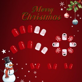Cute Snowman Snowflake False Nails Winter Christmas Press on Nails Short Square Acrylic Glue on Nails with Glitter Design Glossy Xmas Fake Nails for Women Girls