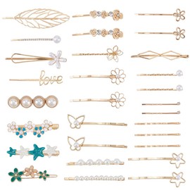 SOFPLATE 1 Box 26Pcs Gold Hair Clips Set Flower Hair Barrettes Green Leaves Pearl Cute Bobby Pins Metal Spring Themed Headwear Accessories for Women Long Short Headwear Decoration DIY Jewelry Clamps