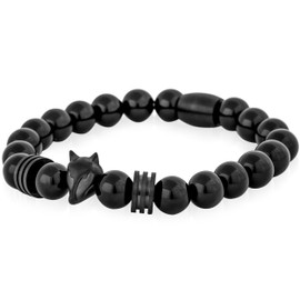 Akitsune Beaded Bracelet – Unisex Obsidian / Onyx / Lava Stone Bracelet with Matte-Black, Silver, Gold, Rose Gold, White or Black Elements, Stainless Steel