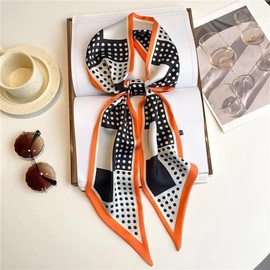 GIMIRO Satin Silk Scarf 148 x 13.5 cm Tie Double Layer Waistband for Blazer, Coat, Dress, Black White Orange Block Polka Dots