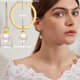 Miaofu Pearl Earrings 18K White Gold Plated 925 Sterling Silver White Pearl Earrings Hypoallergenic Pearl Earrings with Zirconia 8 mm - 10 mm Elegant Jewellery for Women, Silver, Pearl