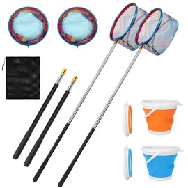 Kids Fishing Net, 2 Pack Telescopic Fishing Landing Net with Aluminum Pole Handle for Kids, Collapsible Bucket Kids Sand Pail, Fishing Net Butterfly Nets for Kids, Outdoor Playing, Blue