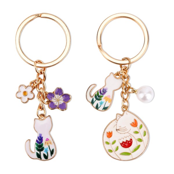 Mikovivi 2pcs Kawaii Cat Key Chains, Enamel Flower Keyring Japanese