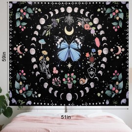 Fjgyjt Butterfly Moon Phase Tapestry Botanical Floral Plant Bohemian Mushroom Tapestry Moon Phase Wall Hanging Tapestries for Bedroom Living Room Decor 59x51in
