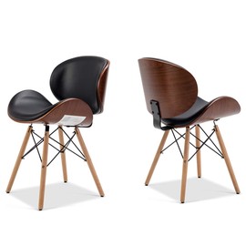 BELLEZE Set of (2) Mid-Century Upholstered Faux Leather Walnut Finished Curved Back Dining Kitchen Accent Chair, Black