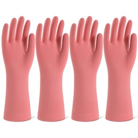 Rubber Cleaning Gloves for Dishwashing, 4 Pairs Reusable Kitchen Gloves for Washing Dishes and Household Cleaning, Pink Dish Gloves with Flocked Lining and Non-Slip Grip, Pefect for Woman Men - L