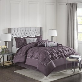 Madison Park Laurel Cozy Comforter Set - Traditional Tufted Faux Silk Design, All Season Down Alternative Bedding with Matching Shams, Decorative Pillow, Plum King(104"x92") 7 Piece