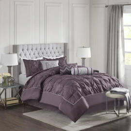 Madison Park Laurel Cozy Comforter Set - Traditional Tufted Faux Silk Design, All Season Down Alternative Bedding with Matching Shams, Decorative Pillow, Plum King(104"x92") 7 Piece