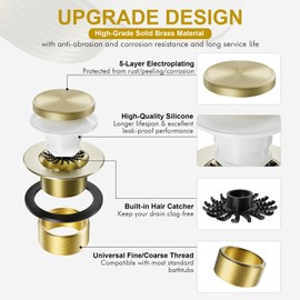 Yaseingoo Brushed Brass Bathtub Drain Stopper and Overflow Kit, Solid Brass Tip-Toe Bath Tub Drain with Hair Catcher - Universal Coarse/Fine Thread, Bathroom Bathtub Plug Replacement, 11.5/16 UNC
