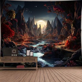 FENDROM Moon Night Forest Wall Tapestry,Enchanted Wonderland Glow in the Dark Trees Mountain River Nature Landscape Room Decor Tapestries, Aesthetic for Living Room Dorm