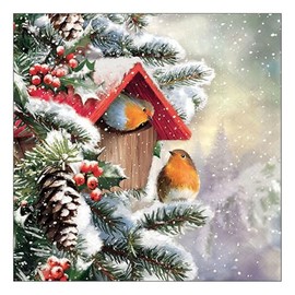 Ambiente Napkin Robin Winter House, 33 x 33 cm, 3-Ply, Pack of 20, Christmas Napkin, Table Decoration, Winter Design