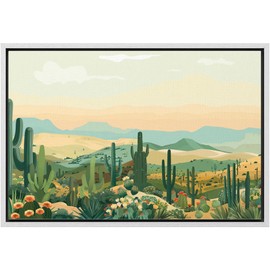 MUDECOR Framed Canvas Print Wall Art Vibrant Desert Cactus Landscape Colorful Cacti and Rolling Hills Illustrations Realism Decorative Earth for Living Room, Bedroom, Office - 24"x36" White