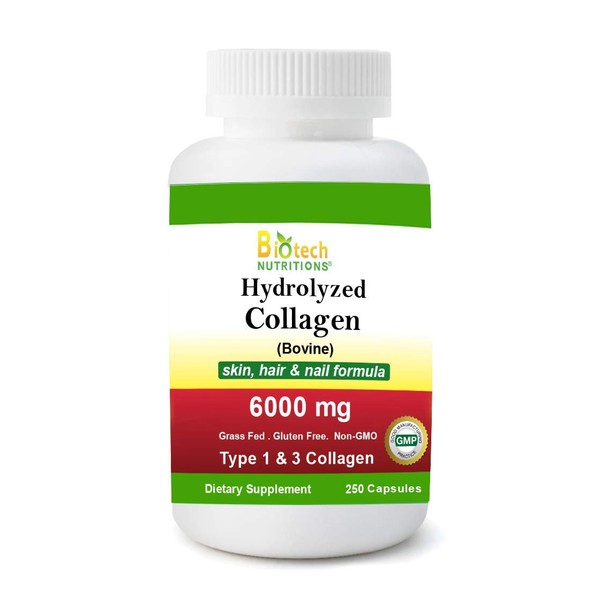 Biotech Nutritions Hydrolyzed Collagen Bovine Type 1 & 3 6000 mg Serving 250 Veg Capsules Grass Fed Gluten Free Non-GMO