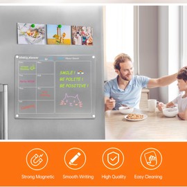 Clear Acrylic Magnetic Dry Erase Board with Monthly & Weekly Planner 16'' x 12'' Writing Board Fridge Reusable Planner with 10 Color Markers & Magnetic Pen Holder/Towel/Hook