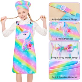 MHJY Kids Apron and Chef Hat Set, Child Aprons for Cooking Baking Painting Cute Toddler Girls Apron with Pockets 3-12 Years