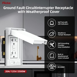 AIDA 20A GFCI Outlet with Weatherproof Cover & Wall Plate,Tamper-Resistant & Weather Resistant Self-Test Electrical Outlet for Bathroom, Kitchen, Outdoor, UL Listed, Matte White, 1 Pack