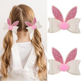 2PCS Easter Glitter Hair Bow Clips Pink Easter Bunny Ear Hair Clips White Easter Rabbit Ear Bow Alligator Hair Barrettes Hairpin Accessories for Toddlers Girls for Easter Party