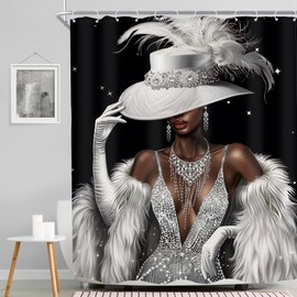 MESHELLY White Black Girl Shower Curtain 60Wx72H Modern Grey Silver Not Glittle African American Fashion Dress Diamond Luxury Bathroom Curtain Elegant Bathroom Accessories Decor Fabric with 12 Hooks