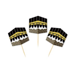 SWYOUN 48PCS Hajj Mubarak Cupcake Topper Umrah Mubarak Party Supplies Ramadan Islamic Muslim Omra Mubarak Party Decorations(Yellow/Black)