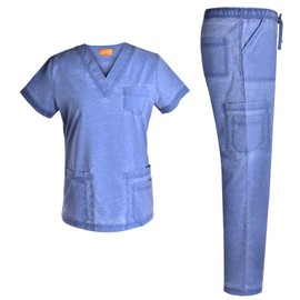 Women V Neck Stretch Set - Jeanish Washed Soft Women Top and Pants Workwear Uniforms JS1607 (Riviera, L)