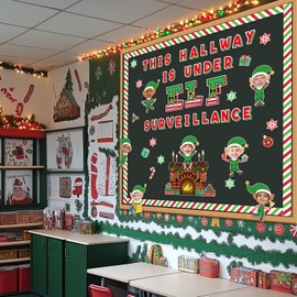 Christmas Bulletin Board Decorations Set, 105 Pcs Eif Cutouts with Figures Cards Red Green Stripe Borders Christmas Bulletin Board Classroom Decorations for Xmas Party School Wall Door Decor