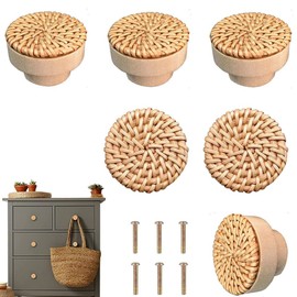 Boho Rattan Dresser Knobs for Girls Kitchen Cabinet knobs and pulls Wicker Woven Decorative Dresser Handles Round Wooden Knobs for Cabinets and Drawers 6 Pcs (Natural Colours)