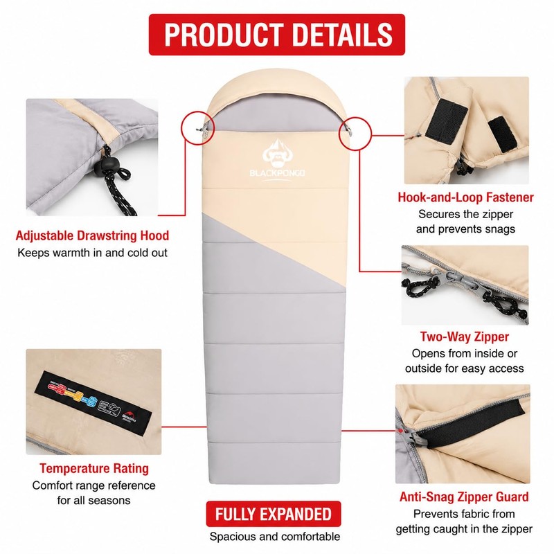 Blackpongo 3-Season Sleeping Bag for Adults, Lightweight Hooded Camping Sleeping