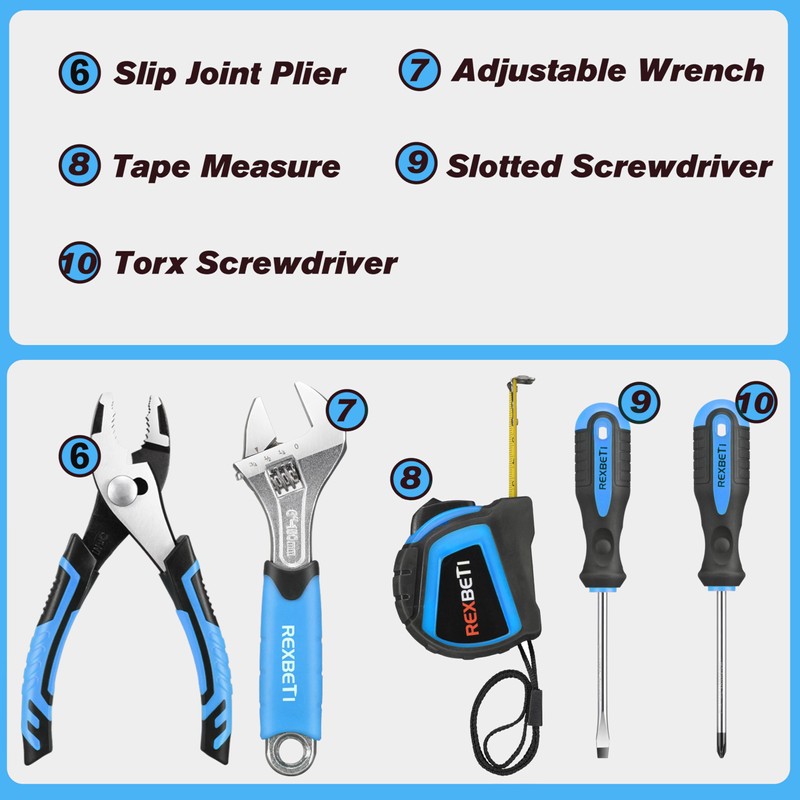 REXBETI 10-Piece Kids Tool Set with Real Hand Tools, Blue