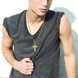 JUNOVUROS Cross Pendant Necklace for Men, Jesus Christ 316L Stainless Steel 20 to 28 In Rolo/24 In Byzantine Chain, 2 Sizes of Religious Jewelry with Silver/Gold/Black/Multicolor