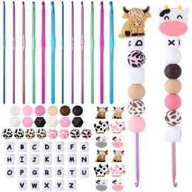 Yuxung 102 Pcs Silicone Beads Crochet Hooks Set 12 Aluminum Handle Knitting Needles for Arthritic Hands 90 Silicone Beads Bulk for Crocheting Yarn Craft DIY Gift for Women Beginners