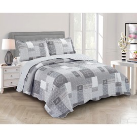 Brilliant Sunshine Grey Heart Love, Floral and Lace Patchwork, 3-Piece Quilt Set with 2 Shams, Reversible Bedspread, Soft Lightweight Coverlet, All-Season, Full/Queen, Grey