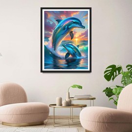 QINRUBB DIY Dolphins Diamond Painting Kits, Full Drill Sunset Diamond Art Painting Kits for Adults Beginners, DIY 5D Ocean Painting by Numbers Dolphins Diamond Art Kits for Home Decor 12x16inch