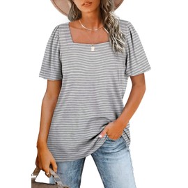 WIHOLL Womens Summer Tops 2025 Womens Square Neck Tops Dressy Casual T Shirts for Women Puff Sleeve Grey XL