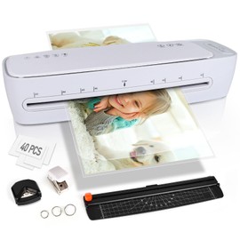 Laminator 13 Inch A3 Laminator Machine, 9 in 1 Desktop Thermal Laminator Never Jam 40 Laminating Pouches, Paper Trimmer and Corner Rounder, 1Min Fast Warm-Up Home Office School Use, Pure White