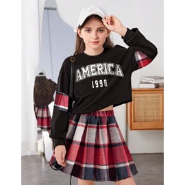 NECIOUS Girls Clothes 2 Piece Girls Fall Outfits Winter Warm Long Sleeve Tops Plaid Skirt Dress Teen Girl Clothing Size 13-14 Christmas Outfit