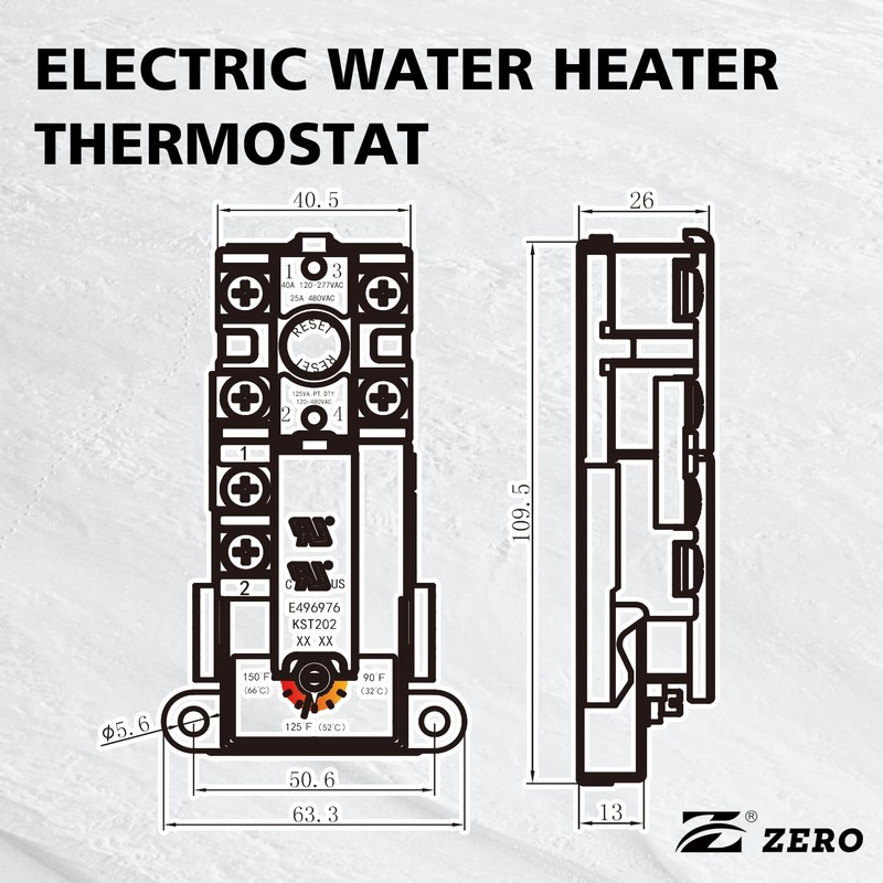 Zero KST202 Single Element Electric Thermostat,Water Heater Thermostat,Single Throw，UL Certification,Black