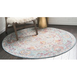 Unique Loom Baracoa Collection Bright Tones Vintage Traditional Light Blue Round Rug (8' 4 x 8' 4)