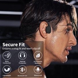 Bone Conduction Headphones, Bluetooth 5.4 Open Ear Wireless Headset, 12Hr Playtime, Waterproof Earphones for Sports, Running, Hiking, Cycling, with Earplugs