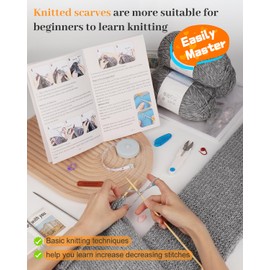Reessy Knitting Kits for Beginners Adults, Scarve Knitting Starter Kit for Adults Learning to Knit Include Knitting Book 2 Pairs Knitting Needles Soft Yarn Balls and Leather Labels