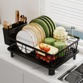 GHERISN Dish Drainer Rack with Drip Tray, Sink Dish Drainer with Drainage Spout, Stainless Steel Dish Drying Rack with Cups, Utensil & Cutting Board Holders for Kitchen Counter Space-Saving, Black