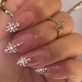 24Pcs Glitter French Press on Nails Medium Almond WLGDLH Christmas Fake Nails Full Cover Pink False Nails with Christmas Snowflake Designs Glue on Nails Artificial Nails for Women Girls