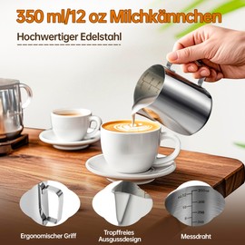 Milk Jug, 350 ml / 12 FL.oz Stainless Steel Milk Jug with Measurement Mark, Cocoa Shaker, 16 Latte Art Stencils & Pen, Milk Jug for Cappuccino, Espresso, Latte Art, Coffee Lovers, Silver
