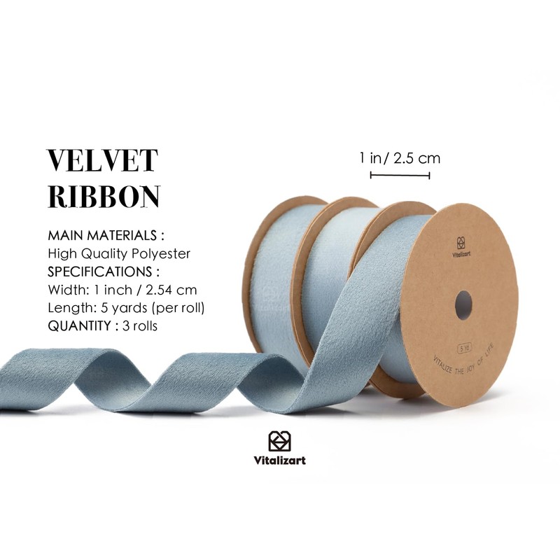 Vitalizart Dusty Blue Velvet Ribbon Set 1 Inch Double Faced