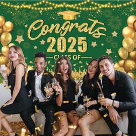 Green and Gold Graduation Decorations Congrats Class of 2025 Banner - Large Graduation Backdrop, Congratulations Banner Grad Party Decorations Class of 2025-72x44 Inch