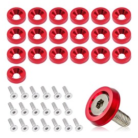 20PCS Aluminum Bumper Fender Washer Stainless Steel Bolts, Engine Bay Dress Up Fastener Kit, M6 JDM Fender Washer, Car Body Decoration Kit for Headlights Trunk License Plate Frame (Red)