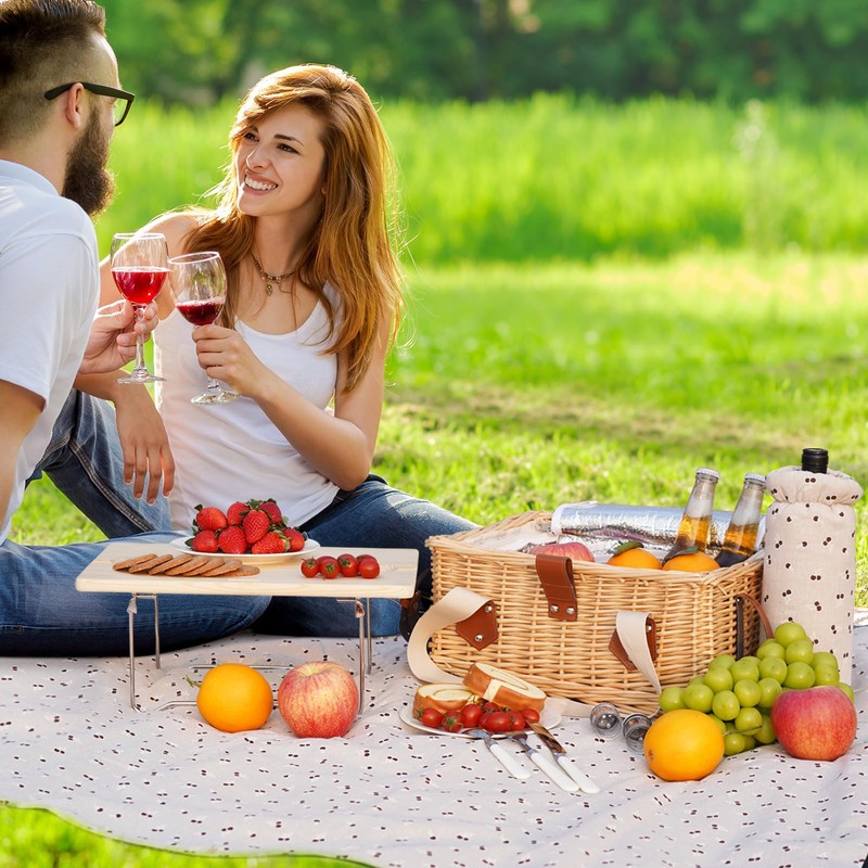 HappyPicnic Picnic Basket for 2, Handmade Wicker Picnic Set with